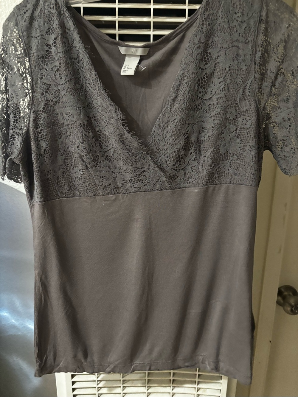 H&M Lace Yoke V-Neck Top in Charcoal Gray